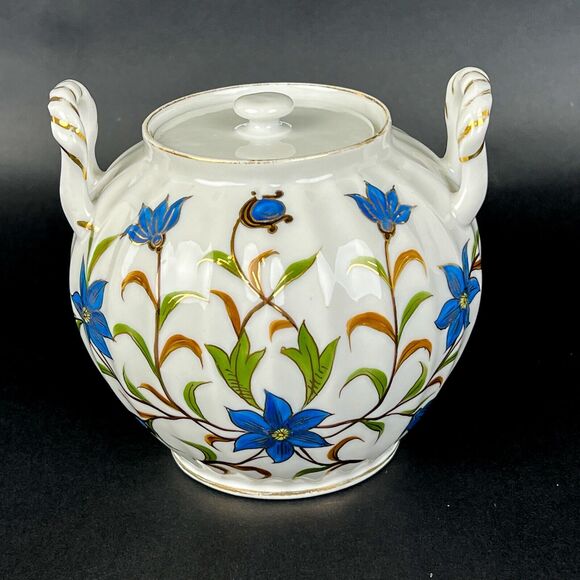 Jar Lid White Ceramic Blue Flowers Gold Trim Side Handles Decorative 4.75" Tall - Picture 9 of 12